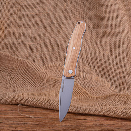 Real Steel Serenity Slipjoint Folding Knife (3.43" N690 Satin Drop Point Blade) Olive Wood Handle