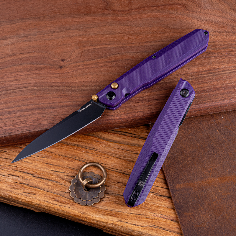 Real Steel G5 Metamorph Button Lock Folding Knife - 3.62" Alleima 14C28N Black Plain Blade, Purple G10 Handle