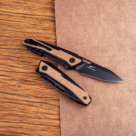 Real Steel Knives Bullet Frame Lock Front Flipper Knife 2.91" S35VN Tan Modified Tanto Blade, Titanium Handles with Natural Micarta Inlays