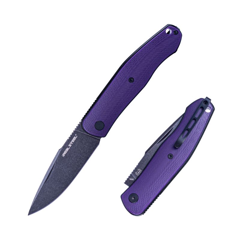 Real Steel Serenity Slipjoint Folding Knife (3.43" N690 Black Stonewashed Drop Point Blade) Purple G10 Handle