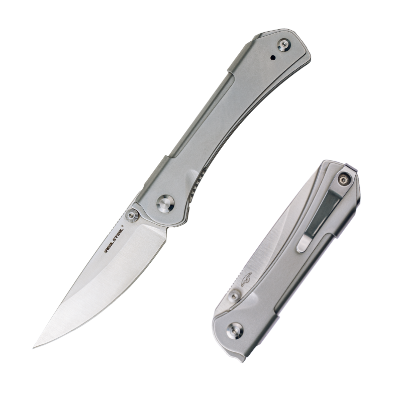 Real Steel SYLPH Liner Lock Folding Knife 3.15'' Nitro-V Drop Point Satin Blade, Stainless Steel Handle
