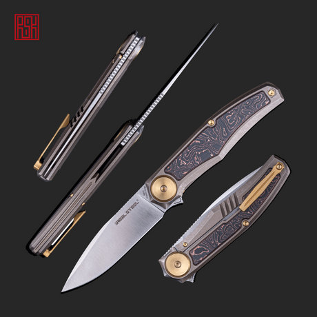 Real Steel Avangard Frame Lock Flipper Knife - 3.46" Satin M390 Blade, Anodized Titanium Handle with Copper Folio Inlay