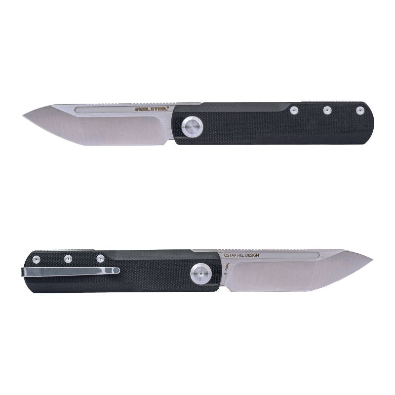 Real Steel G-Tanto EDC Double Detent Ball Lock Folding Knife-2.64" Nitro-V Satin Two-Tone Finish Tanto Blade, Black G10 Handle
