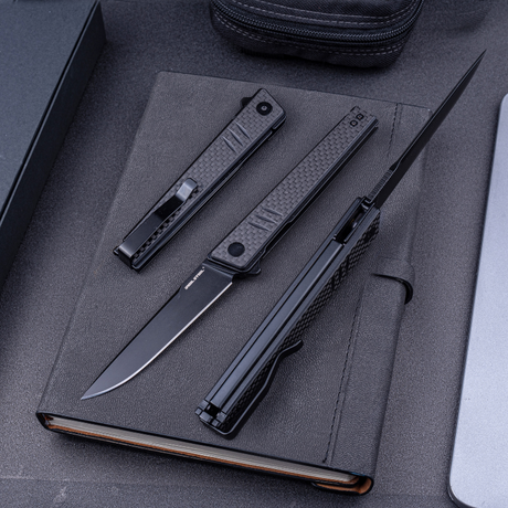 Real Steel Kikashi Flipper Knife 4.45'' Alleima 14C28N Black PVD ‎Clip Point Blade, Liner Lock, G10/Carbon Fiber laminate