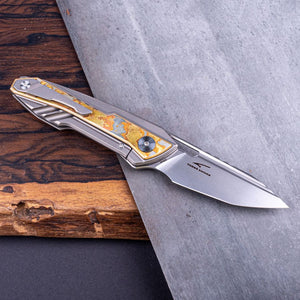 Real Steel Bullet EDC Flipper with Frame Lock Knife, Brass Damascus Inlay- S35VN 2.91" Blade by Maciej Torbe