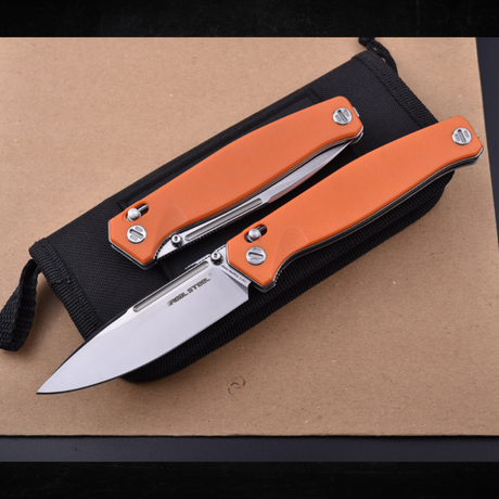 Real Steel Huginn Tactical Crossbar Lock Folding Knife -Black 3.66" VG-10 Blade and Milled Orange G10 Handle