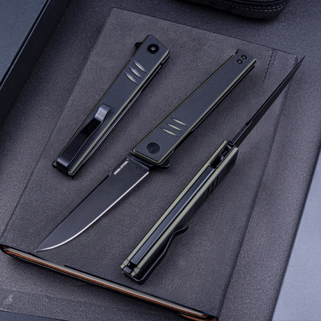 Real Steel Kikashi Flipper Knife 4.45'' Alleima 14C28N Stonewash ‎Clip Point Blade,Liner Lock,Black/Green G10 Handle