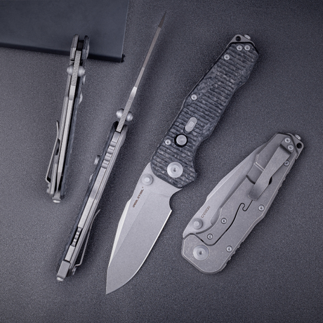 Real Steel Evolution Frame Lock & Button Unlocking Heavy Duty Tactical Knife, 3.78" S35VN Drop Point Blade, Shared Carbon Fiber / Titanium Handle