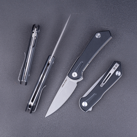 Real Steel Valore Liner Lock Flipper Knife 3.19'' Nitro-V Stonewash Blade, Black G10 Handle