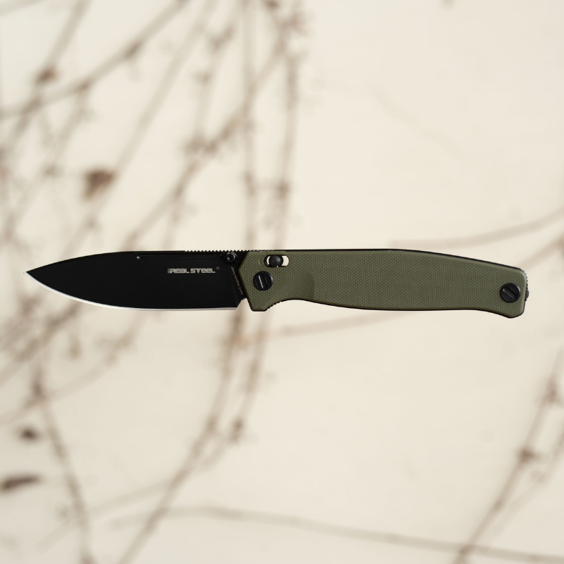 Real Steel Huginn Tactical Crossbar Lock Folding Knife -Black 3.66" VG-10 Blade and OD Green G10 Handle