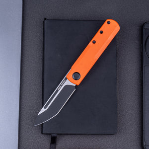 Real Steel G-Tanto EDC Double Detent Ball Lock Folding Knife-2.64" Nitro-V Black Two-Tone Finish Tanto Blade and Orange G10