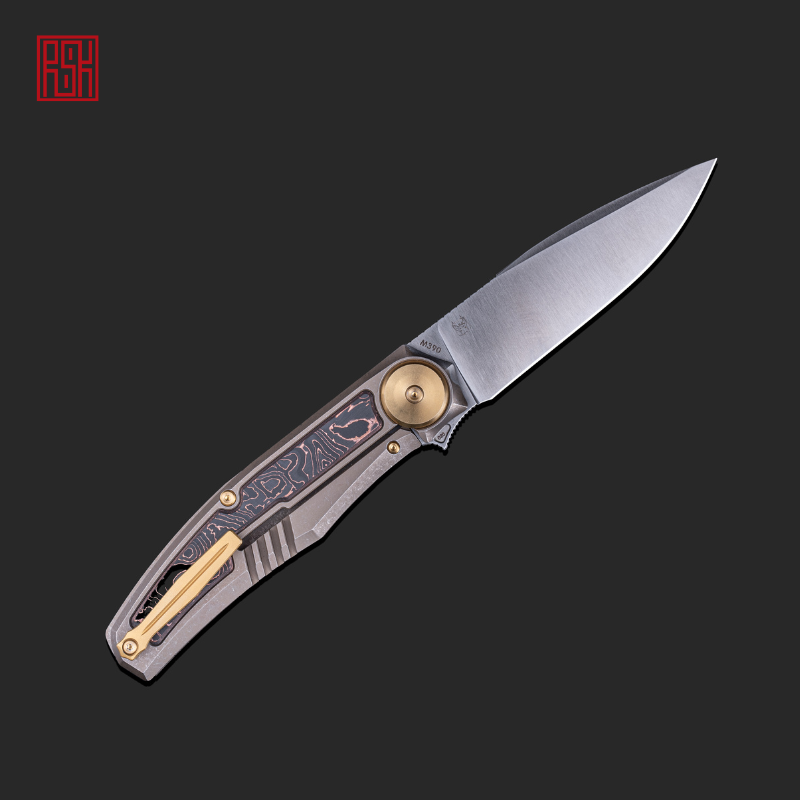 Real Steel Avangard Frame Lock Flipper Knife - 3.46" Satin M390 Blade, Anodized Titanium Handle with Copper Folio Inlay