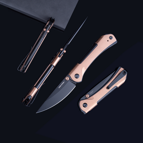 Real Steel SYLPH Liner Lock Folding Knife 3.15'' Nitro-V Black PVD Blade, Gold Stainless Steel Handle