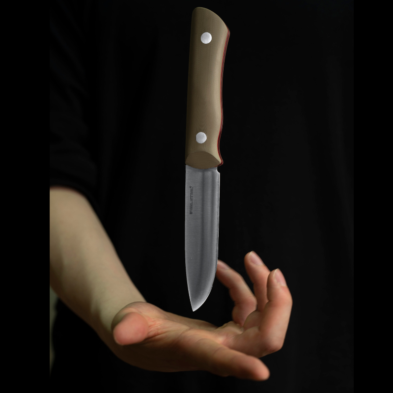Real Steel Bushcraft III Fixed Knife -4.13" D2 Convex Grind and  Coyote G10 Handle with Red G10 Liners