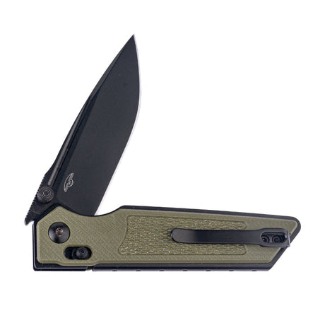 Real Steel Sacra Tactical Crossbar Lock Folding Knife- 3.31" Black Tanto Plain Böhler K110 Blade, Green G10 Handle