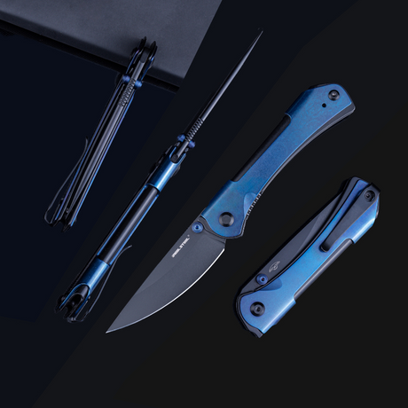 Real Steel SYLPH Liner Lock Folding Knife, 3.15'' Nitro-V Black PVD Blade, Blue Stainless Handle