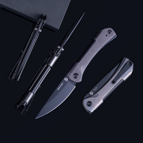 Real Steel SYLPH Liner Lock Folding Knife 3.15'' Nitro-V Black PVD Blade, Grey Stainless Steel Handle