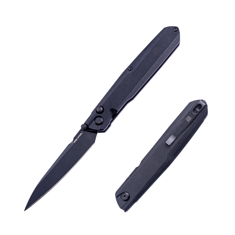 Real Steel G5 Metamorph Button Lock Folding Knife - 3.62" Alleima 14C28N Black Plain Blade, Black G10 Handle