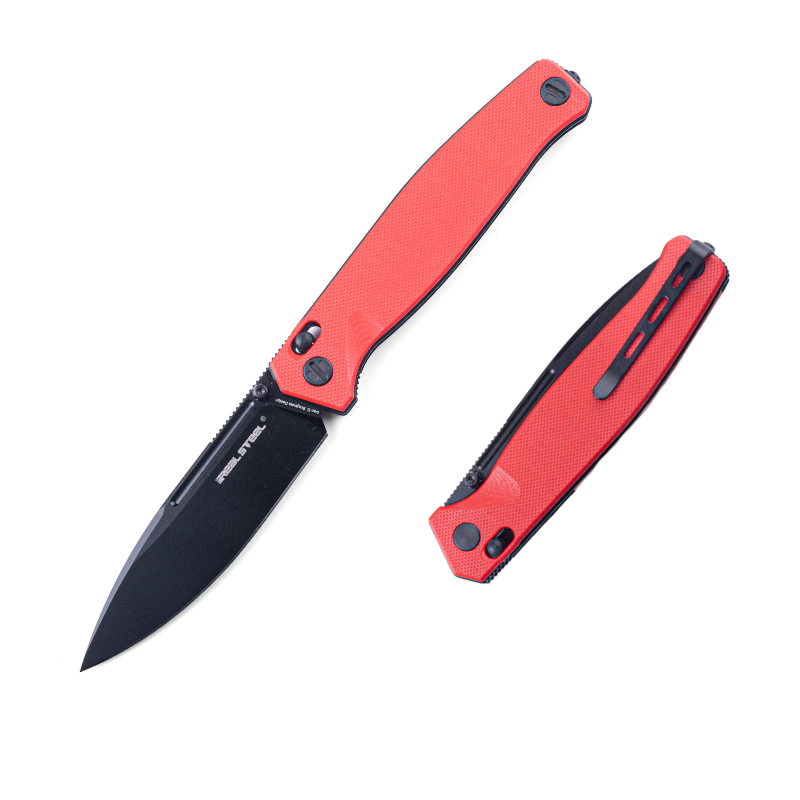 Real Steel Huginn Tactical Crossbar Lock Folding Knife -Black 3.66" VG-10 Blade and Milled Red G10 Handle