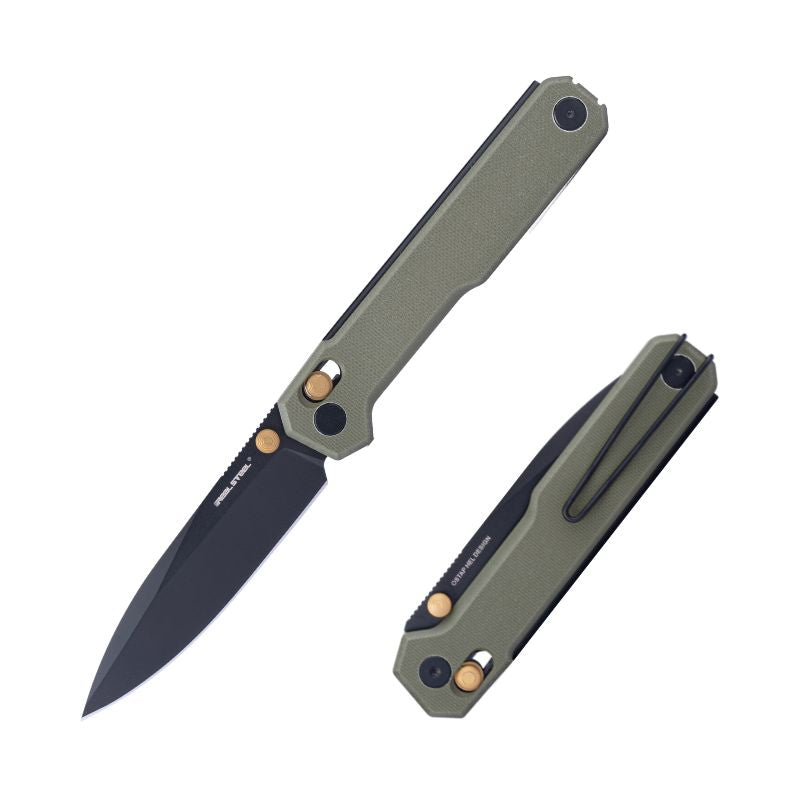 Real Steel Perix Crossbar Lock Folding Knife 3.39''Nitro-V Black PVD Coated Drop Point Blade, Olive Green Handle