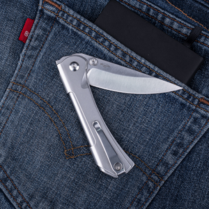 Real Steel SYLPH Liner Lock Folding Knife 3.15'' Nitro-V Satin Blade, Silver Stainless Steel Handle