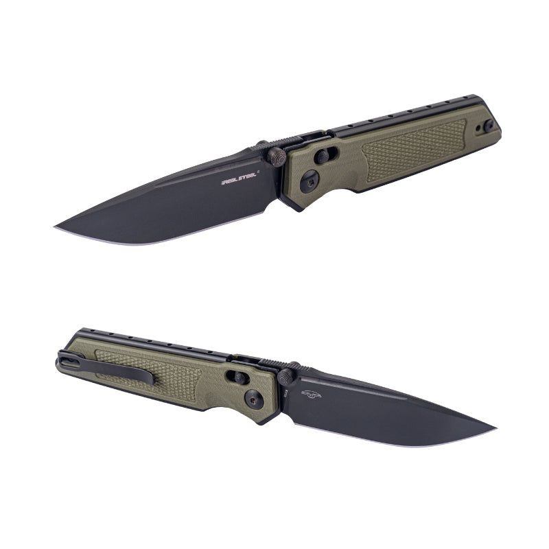 Real Steel Sacra Tactical Crossbar Lock Folding Knife- 3.31" Black Tanto Plain Böhler K110 Blade, Green G10 Handle