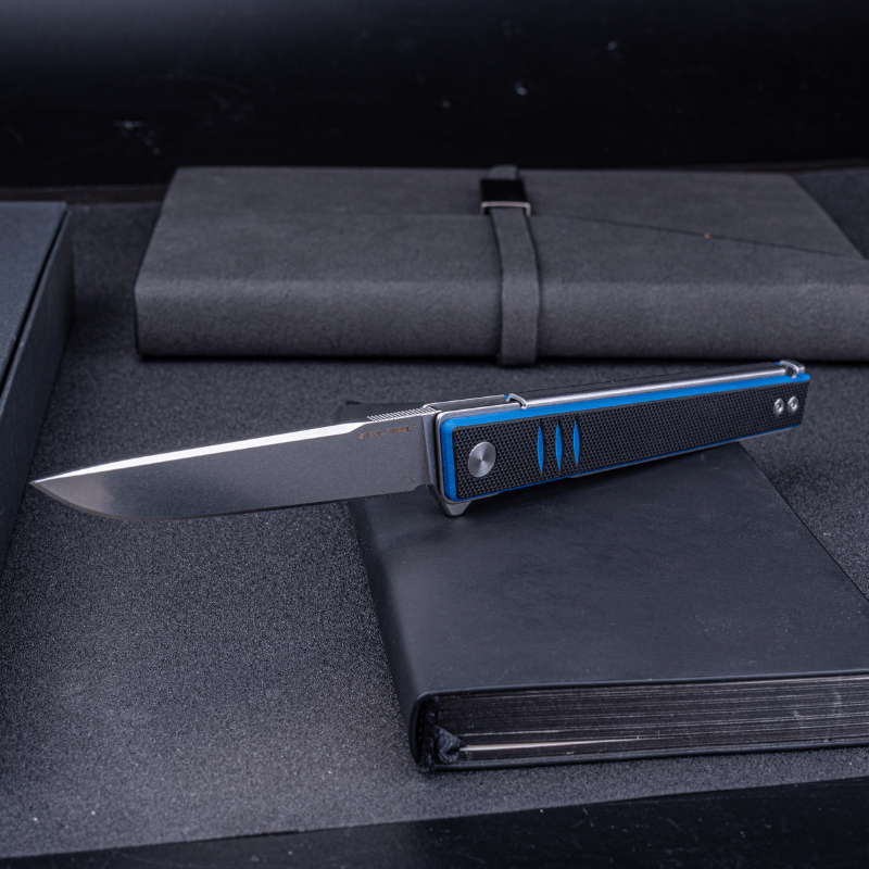 Real Steel Kikashi Flipper Knife 4.45'' Alleima 14C28N Stonewash ‎Blade,Liner Lock,Black/Blue G10 Handle