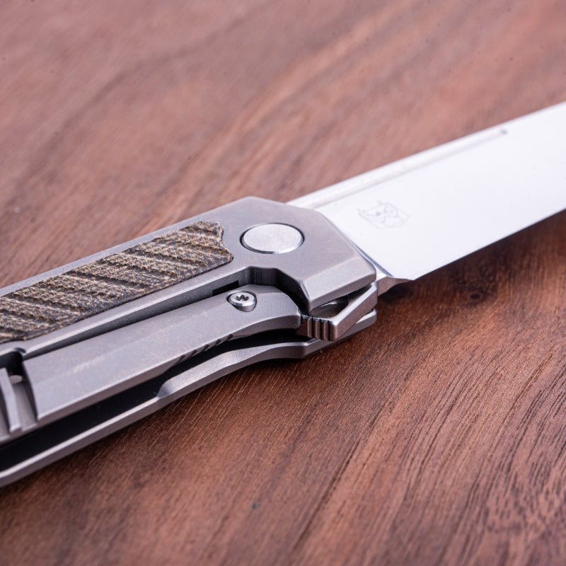 Real Steel Knives Rokot Premium Frame Lock Flipper Knife (3.7" S35VN Satin Drop Point Blade) Titanium TC-4 Handle with Green Micarta Inlays