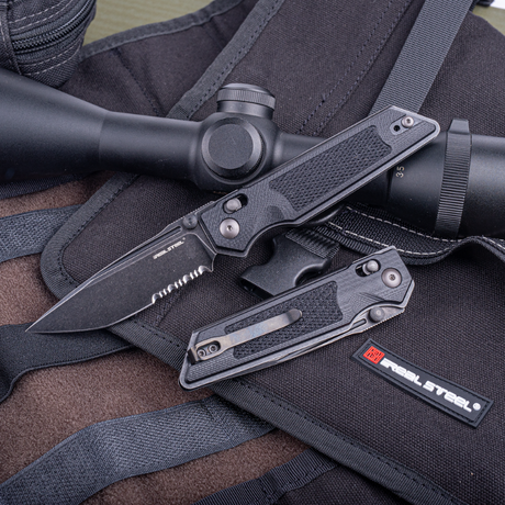 Real Steel Sacra Tactical Crossbar Lock Folding Knife- 3.31" Blackwash Serrated Böhler K110 Blade and G10 Handle