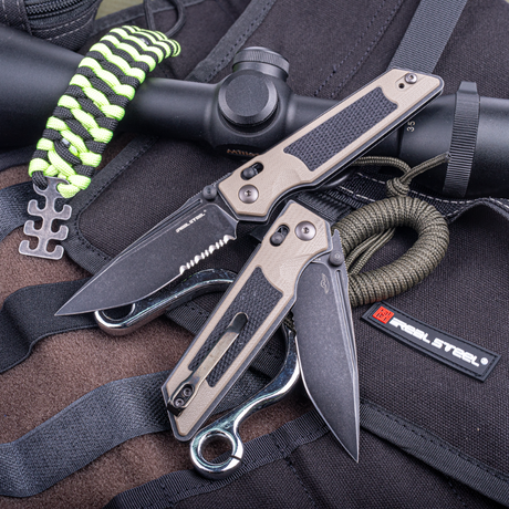 Real Steel Sacra Tactical Crossbar Lock Folding Knife- 3.31" Blackwash Serrated Böhler K110 Blade, Coyote G10 Handle