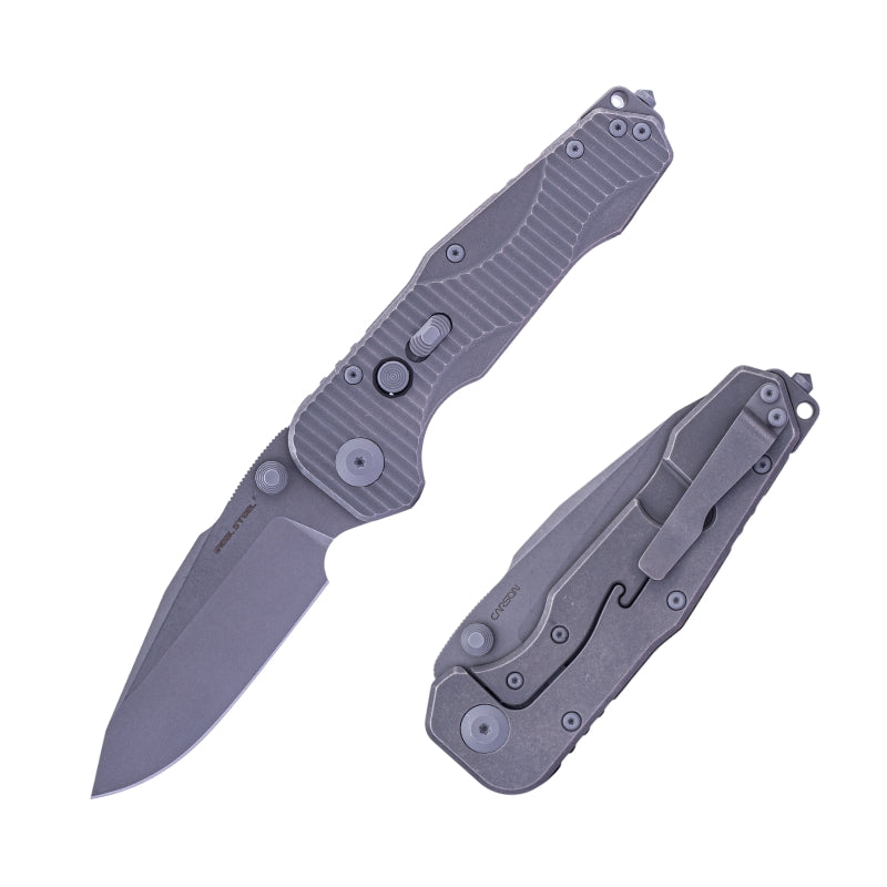 Real Steel Evolution Frame Lock & Button Unlocking Heavy Duty Tactical Knife, 3.78" S35VN Drop Point Blade, Titanium Handle
