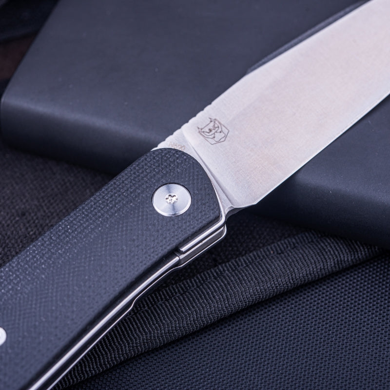 Real Steel Serenity Front Flipper / Liner Lock Folding Knife 3.43" N690 Satin Blade, Black G10 Handle