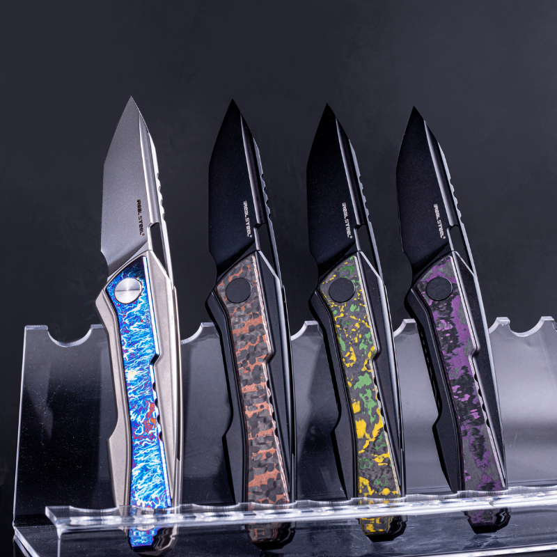 Real Steel Bullet Frame Lock Front Flipper Knife  (2.91"  S35VN Modified Tanto Blade) Titanium Handles with Fat Carbon Snakeskin Copper Inlays