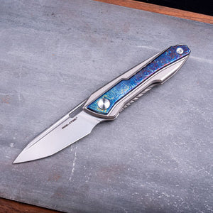 Real Steel Bullet EDC Pocket Knife - Front Flipper with Frame lock (2.91"  S35VN Modified Tanto Blade) Titanium Handles with Blue Flash Titanium Inlays