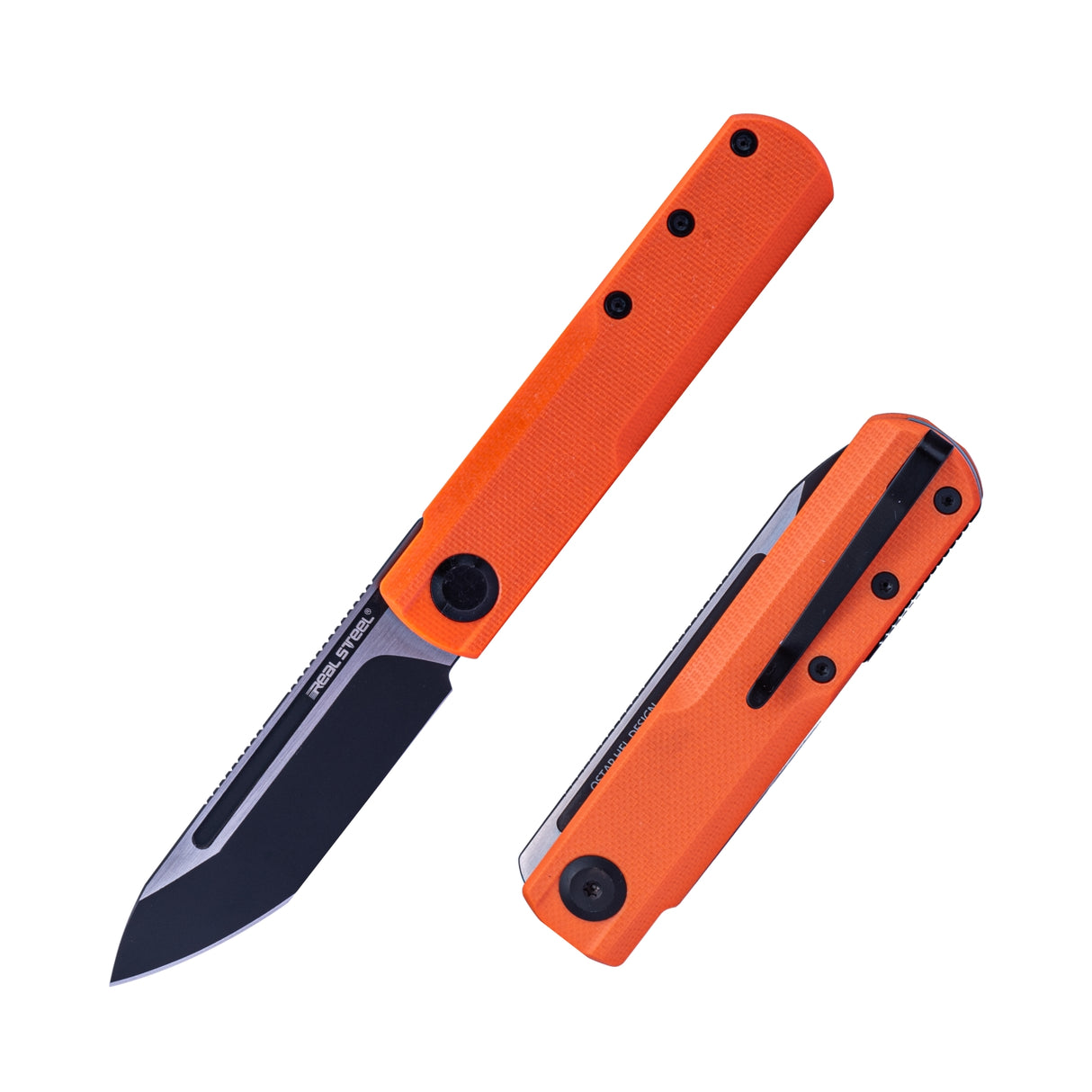 Real Steel G-Tanto EDC Double Detent Ball Lock Folding Knife-2.64" Nitro-V Black Two-Tone Finish Tanto Blade and Orange G10