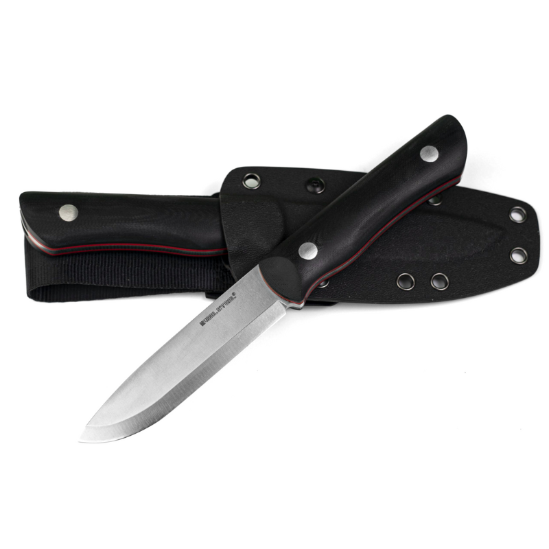 Real Steel Bushcraft III Fixed Knife -4.13" D2  Scandi Grind, Black G10 Handle with Red G10 Liner, Kydex Sheath
