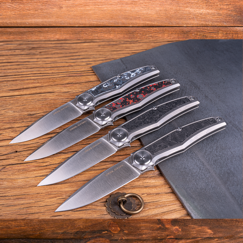 Real Steel Avangard Frame Lock Flipper Knife - 3.46" Satin M390 Blade, Titanium Handles with Lava Flow FatCarbon Inlay