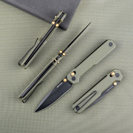 Real Steel Perix Crossbar Lock Folding Knife 3.5''Nitro-V Black PVD Coated Drop Point Blade, Olive Green Handle