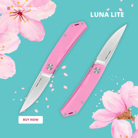 Real Steel Knives Luna Lite Slipjoint Folding Knife 2.76" Satin D2 Drop Point Blade, Pink G10 Handle
