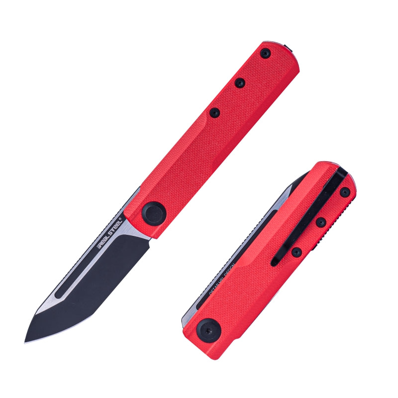 Real Steel G-Tanto EDC Double Detent Ball Lock Folding Knife-2.64" Nitro-V Black Two-Tone Finish Blade, Red G10