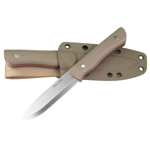 Real Steel Bushcraft III Fixed Knife -4.13" D2  Scandi Grind, Coyote Tan G10 Handle with Red G10 Liner, Kydex Sheath