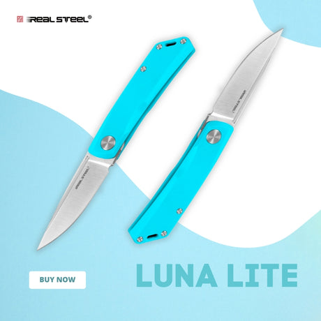 Real Steel Knives Luna Lite Slipjoint Folding Knife 2.76" Satin D2 Drop Point Blade, Blue G10 Handle