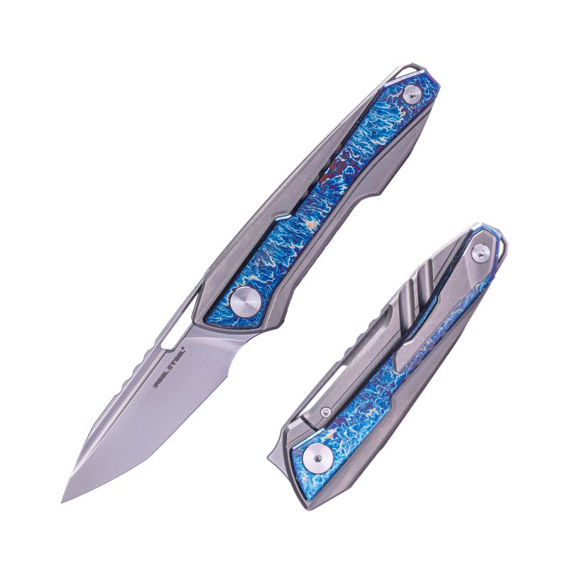 Real Steel Bullet EDC Pocket Knife - Front Flipper with Frame lock (2.91"  S35VN Modified Tanto Blade) Titanium Handles with Blue Flash Titanium Inlays
