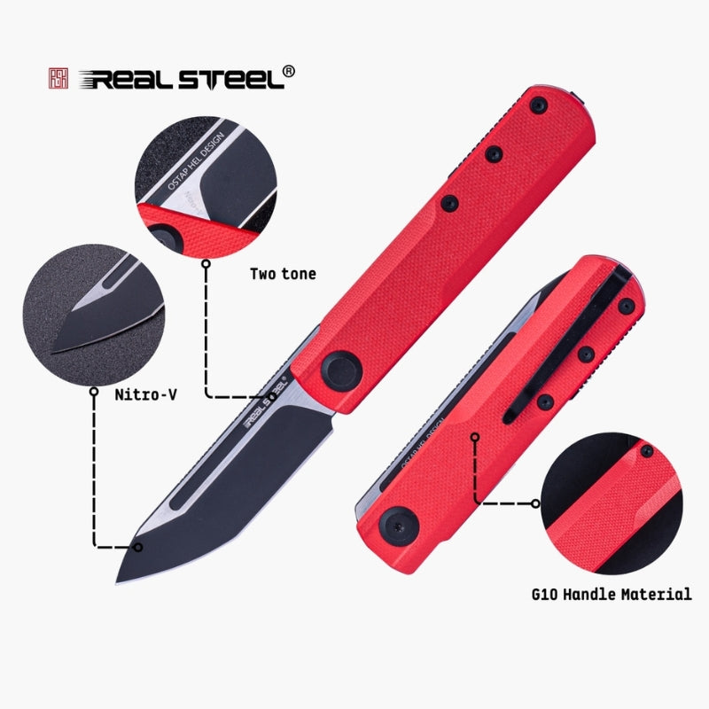 Real Steel G-Tanto EDC Double Detent Ball Lock Folding Knife-2.64" Nitro-V Black Two-Tone Finish Blade, Red G10