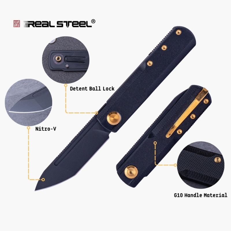 Real Steel G-Tanto EDC Double Detent Ball Lock Folding Knife-2.64" Nitro-V Black Two-Tone Finish Tanto Blade, Black G10 Handle