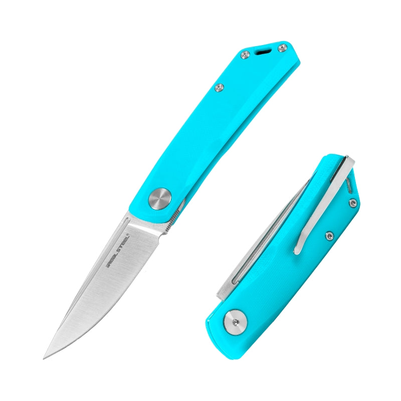 Real Steel Knives Luna Lite Slipjoint Folding Knife 2.76" Satin D2 Drop Point Blade, Blue G10 Handle