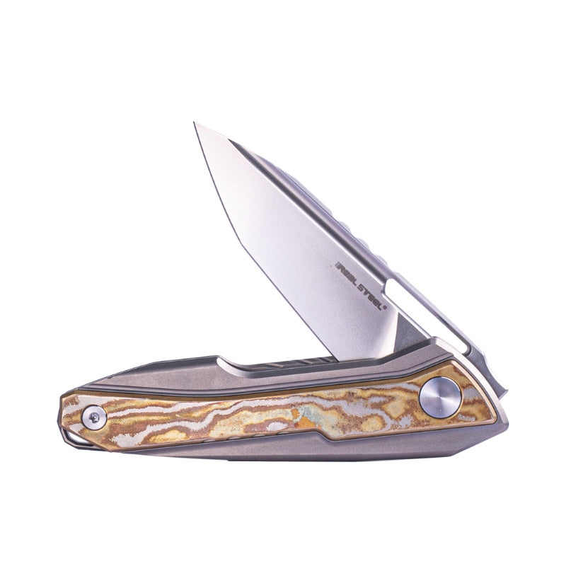 Real Steel Bullet EDC Flipper with Frame Lock Knife, Brass Damascus Inlay- S35VN 2.91" Blade by Maciej Torbe