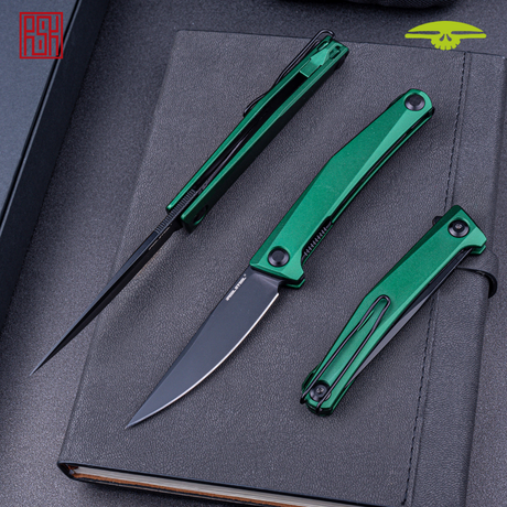 Real Steel Teres Flipper Knife 3.11" Nitro-V  Black PVD Hollow-Ground Blade, Liner Lock, Racing Green Aluminum Handle