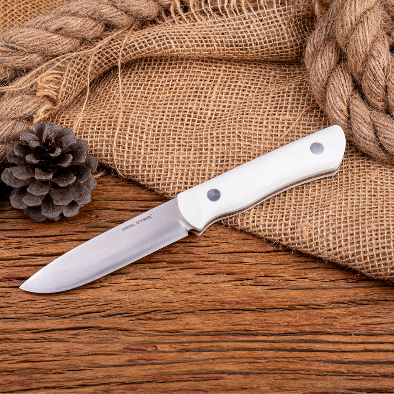 Real Steel Bushcraft III Fixed Knife -4.13" D2 Convex Grind and White G10 Handle