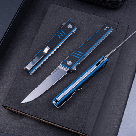 Real Steel Kikashi Flipper Knife 4.45'' Alleima 14C28N Stonewash ‎Clip Point Blade,Liner Lock,Black/Blue G10 Handle